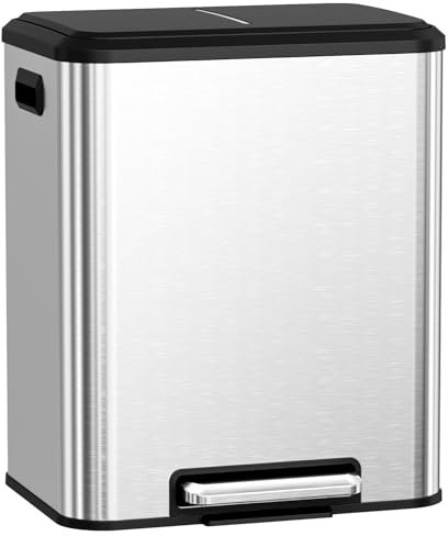 LIFERUN Mülleimer 2 Fächer, Mülltrennsystem 2 x 15 L, Silber | Abfalleimer Küche aus Edelstahl, Softclose Deckel, Inneneimer Abnehmbar mit Griffe,Doppelfach Treteimer,für Single-Wohnung