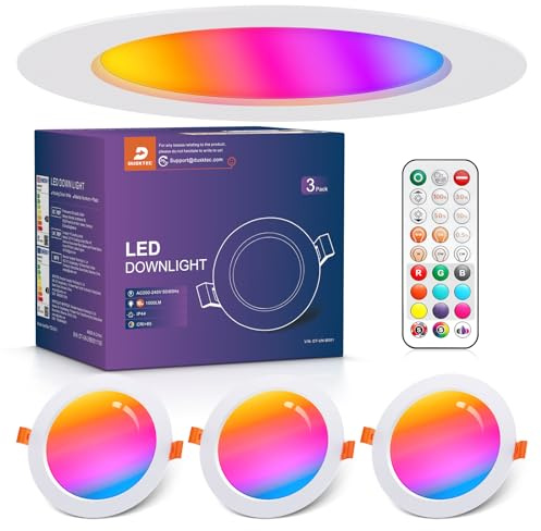 DUSKTEC LED Spots 230V 3er Set, Einbaustrahler LED RGB mit Fernbedienung | IP44 Einbauspots Flach Weiß 10 Watt, Deckenspots Dimmbar mit Farbwechsel, Spots Deckenleuchte Bunt 100mm-112mm Lochmaß