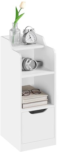 Yaheetech Slim Bedside Table, Narrow Side Table with Drawer & Open Shelf, Bedside Cabinet with Compartment for Bedroom/Living Room Compact Nooks, White