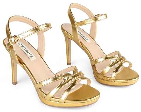 Zzheels Women's Heeled Sandals Platform Stilettos 4 High Heels Open Toe Sandals Gold US7.5