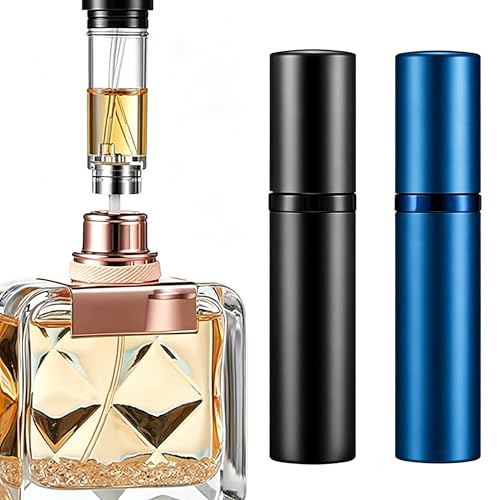 2 Piezas Atomizador de Perfume Recargable 5ml, Juego de Frascos de Perfume para Viaje Negro y Azul, Mini Vaporizador Portátil de Bolsillo, Dispensador de Perfume Antifugas para Mujeres y Hombres