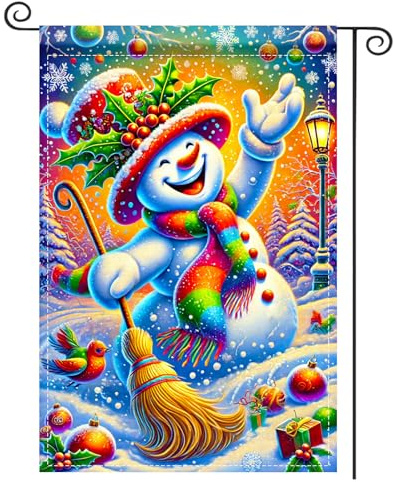 Drapeau De Jardin Scène Du Bonhomme De Neige Avec Balai Drapeaux Décoratif Double Face 30X45Cm Drapeau Pour Dortoirs Plage