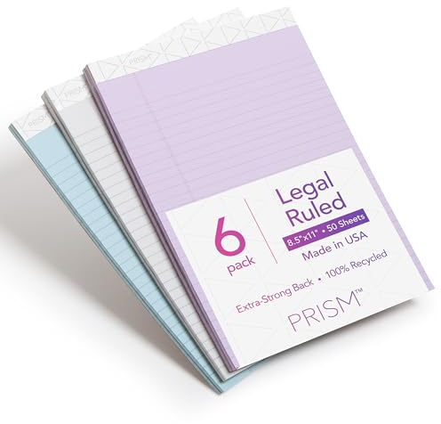 TOPS 8.5 x 11 Legal Pads, 6 Pack, Prism Brand, 2 Gray/2 Blue/2 Purple, Wide Ruled, 50 Sheets Per Writing Pad, Made in the USA (63116)