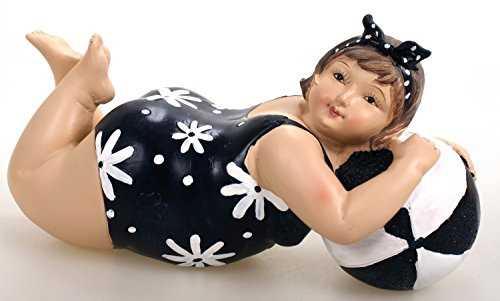 Badenixe mit Ball im geblümten blauen Badeanzug liegend 17 cm Mädchen Rubensfrau mollige Dame Dicke Frau Schwimmerin Badezimmer Figur