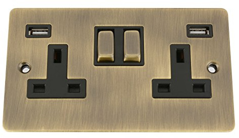 Antique Brass Flat USB Socket 2 Gang Black Insert Metal Rocker Switch (2100mA)