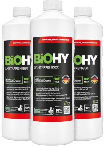 BiOHY Sanitärreiniger (3 x 1 Liter) | Bio Kalklöser Konzentrat für den Sanitärbereich | EXTRA STARKER Badreiniger gegen Urin | befreit Dusche & WC von Kalk & Schmutz | frischer Erdbeer-Duft