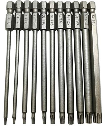 YDLQWCZ Long Torx Security Head Screwdriver Drill Set 1/4 Inch Hex Shank T6 T7 T8 T9 T10 T15 T20 T25 T27 T30 T40 11 Pieces 4 Inch Length S2 Steel Torx Screwdriver Bit Set (11pcs Torx Head 100mm)