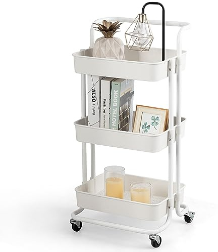 COSTWAY Carrello con 3 Cesti e Maniglia, Carrello Multifunzione con Ruote, Carrellino di Stoccaggio per Bagno Cucina e Ufficio, 87 x 35 x 42 cm, Capacità di Carico 60 kg (Bianco)