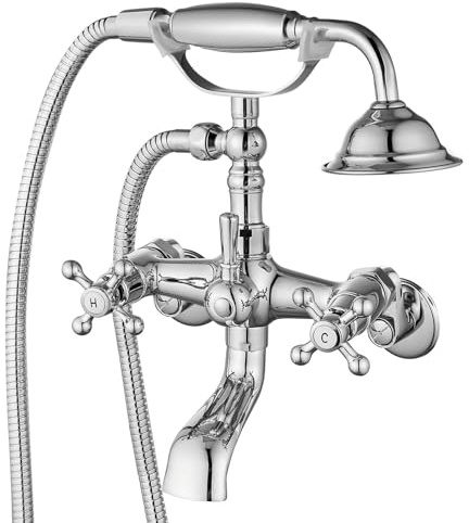 Aolemi Polish Chrome Clawfoot Faucet Wall Mount Tub Filler Bathroom Mixer Shower Faucet Set For Bathtub with Handheld Shower Sprayer and Tub Spout Double Cross Handle
