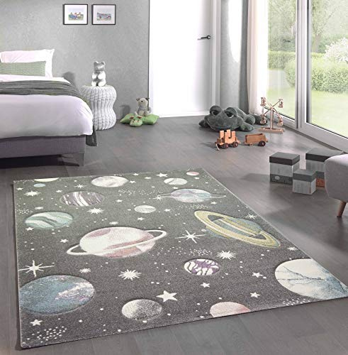 CARPETIA Kinderteppich Weltraum Sterne und Planeten Pastell grau Größe 200 x 290 cm