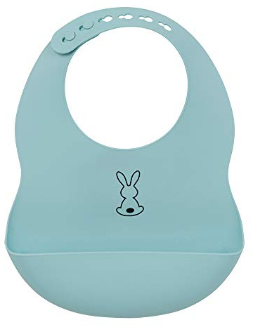 Nattou Bavaglino in Silicone con Tasca Raccogli Briciole, Coniglietto, Lunghezza regolabile, Senza BPA, 20 x 27 cm, Silicone, Azzurro