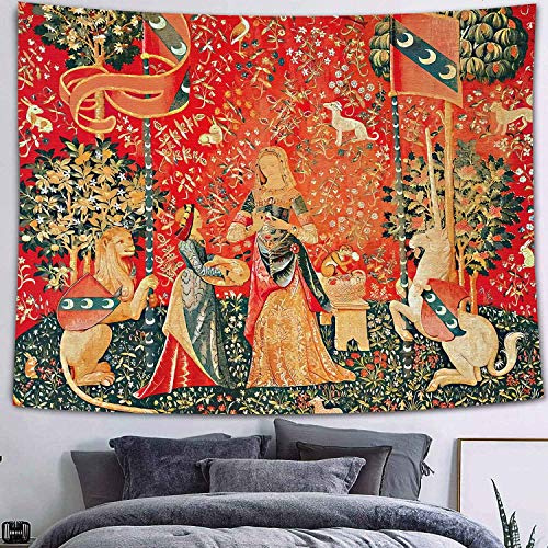 FEASRT Europäischer königlicher Wandteppich, mittelalterliches Mädchen und Einhorn, Wandbehang für Schlafzimmer, Wohnzimmer, Wohnheim, Dekoration, Wandbehang, Wandteppich, 203,2 x 152,4 cm, GTQQAY1207