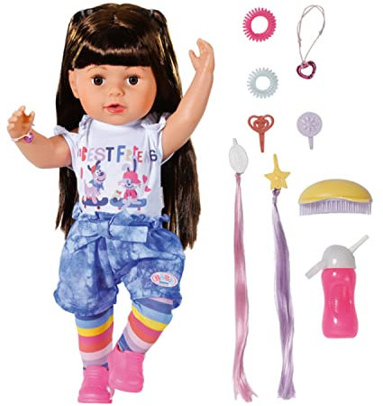 BABY born, Puppe, Sister brunett 43 cm, Puppe mit Haaren und 6 lebensechten Funktionen ohne Batterie, inklusive Zubehör, 830352, Zapf Creation
