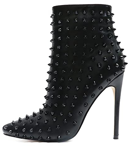 COLETER Women's Fashion Black Ankle Boots with Rivets Closed Pointed Toe Stilettos Autumn Warm Dress Booties Black 7.5 US