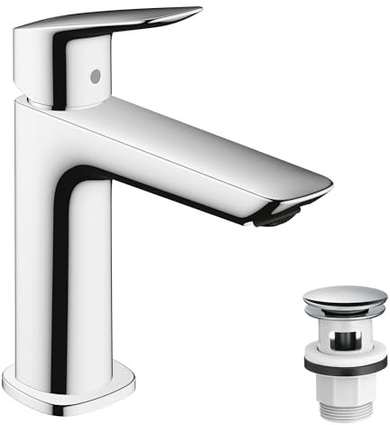 hansgrohe Logis Fine - Waschtischarmatur mit Push-Open Ablauf, Wasserhahn Bad mit Auslauf Höhe 110 mm, Mischbatterie Waschbecken wassersparend (EcoSmart), Chrom, 71252000