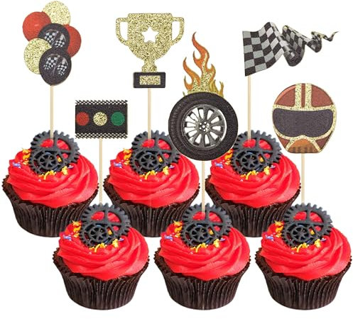 Gyufise 24 Pack Race Car Cupcake Toppers for Boy Birthday Racing Car Theme Trophy Flag Wheel Fruit Picks Party Decoration Let's Go Racing Dessert Toppers