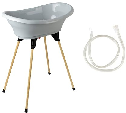 THERMOBABY Kit baignoire Vasco avec pied en bois - Gris velours | Comprend une baignoire, un pied en bois et un tuyau de vidange. Pliable, stable et fabriqué en France.