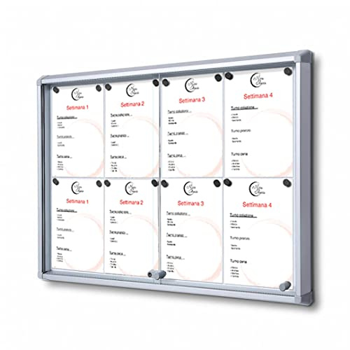 Danieli | Bacheca Magnetica Da Parete Per Interni In Alluminio Ad Ante Scorrevoli In Vetro Temperato Di Sicurezza ESG Per Ufficio E Condominio. Serratura Con Chiavi In Dotazione. (8xA4)
