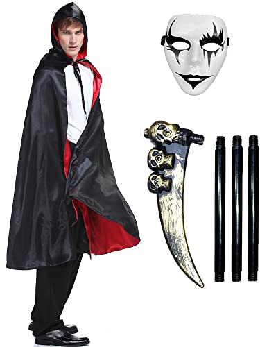 Ecloud Shop Capa con Capucha de Vampiro Disfraz de Capa de Demonio Rojo Negro para Disfraces de Halloween Cosplay Fiesta de Carnaval con Hoz de la Parca - 130cm
