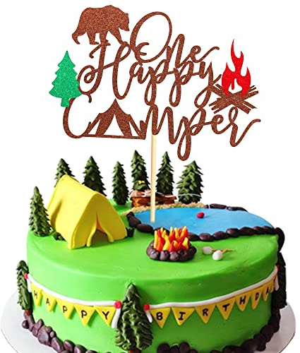 Arthsdite One Happy Camper Cake Topper Camping Camp Out Campfire Tent Adventure Theme Cake Decorations for Kids Boy Girl First 1st Birthday Party Supplies