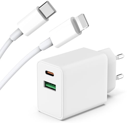 20W USB-C Ladegerät mit 2-Port (USB-C + USB-A) + 2m Kabel, Schnellladegerät für iPhone 14/14 Pro/14 Pro Max/14 Plus, 13, 12, 11, SE, iPad mini, AirPods