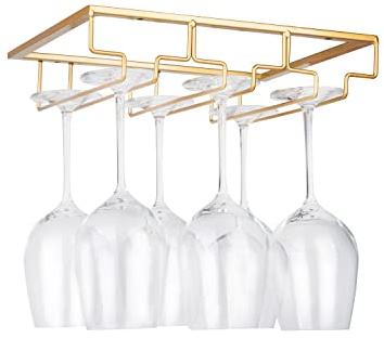FOMANSH Support de Verre à Vin - Porte-Verres à Pied Suspendu sous Armoire en Métal avec Vis, Support de Rangement pour Verre en Fer Inoxydable avec 3 Rangées pour Cuisine, Bar, Restaurant Doré