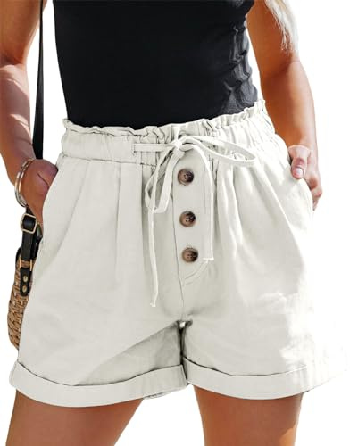 Karlywindow Damen Shorts Hohe Taille Paperbag Kurze Hose Lose A Linie Sommerhose mit Weiten Beinen Beige M