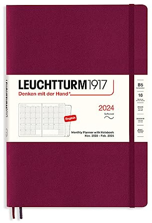 LEUCHTTURM1917 367567 Monatsplaner mit Notizbuch, Softcover, Composition (B5) 2024, 16 Monate, Port Red, English