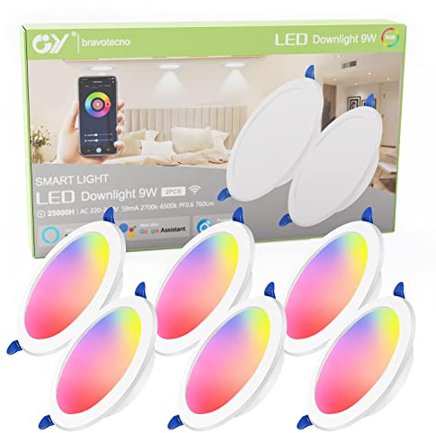 GY LED Einbaustrahler Spots 230V Flach Dimmbar,9W 760LM Smart Einbauleuchten Deckenspots Deckenstrahler Kompatibel mit Alexa/Google Home,RGB Warmweiß-Kaltweiß Einbauspots für Badezimmer,6 Stück