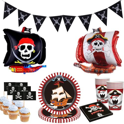Pirat Kindergeburtstag Deko Set - Teller, Tasse, Tischdecke, Servietten, Banner & Luftballons - Partyzubehör für Jungen & Mädchen