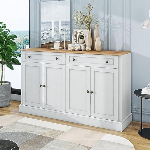 Oyemige Sideboard Weiß Kommode mit 4 Türen und 2 Schubladen, 150x40x86cm Küchenschrank Sideboard Antikweiß Wohnzimmer Küche, Buffetschrank Cabinet Anrichte Küchenschrank mit Natur Arbeitsplatte