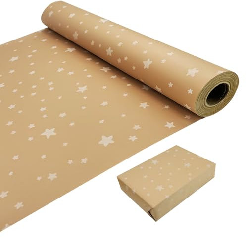 Rotolo di carta da regalo natalizio 43 cm × 20 m, carta da regalo Kraft stampata con stelle bianche, rotolo di carta riciclabile, adatto per Natale, compleanno, confezione regalo di nozze