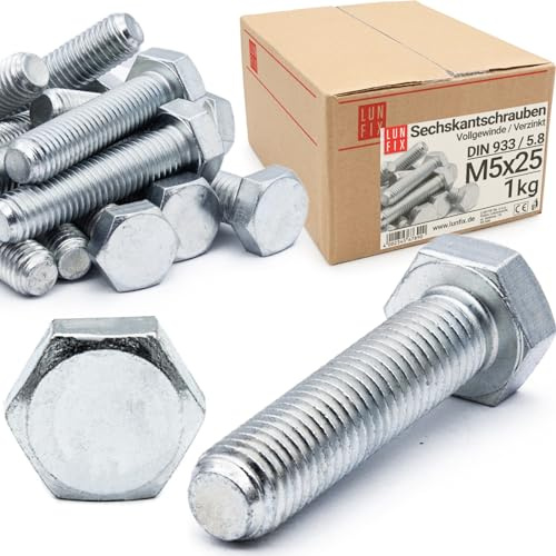 Sechskantschrauben M5x25 1 kg ca.220 Stk DIN 933 Vollgewinde Kopf | sechseckigem Kopf, verzinkter Stahl, FK 5.8 Gewindeschrauben mit sechseckigem, 6 Kant Maschinenschrauben mit Gewinde bis Kopf