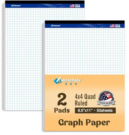 Graph Paper Pads 8.5 x 11, 4x4 Quad Ruled Graph Paper, 2 Pack, 50 Sheets Per Pad, White Graphing Paper Notebook with Sturdy Back & Micro-Perforated Pages, Made in USA, for School, Math, Drafting & Office