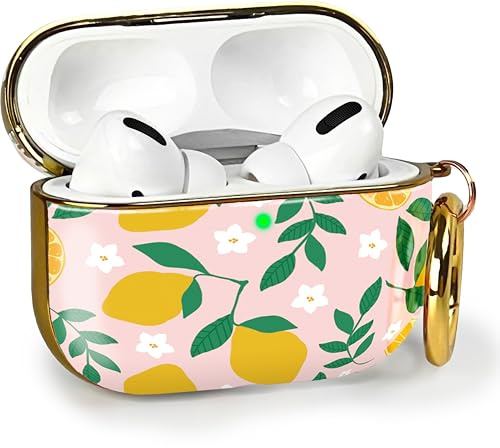 MyGadget Hardcase Hülle [ Zitronen Motiv ] kompatibel mit Apple AirPods Pro (1.Gen - 2019) - Qi kompatibel - mit Karabiner - LED Licht sichtbar - Rosa Gelb