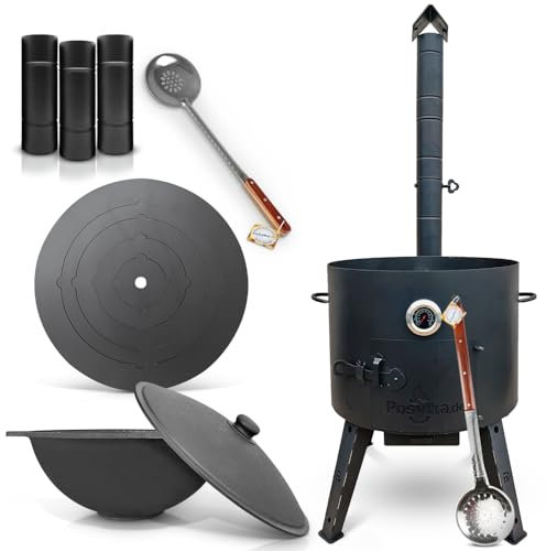 Utschak Uchag F22-4 - Hornillo de fuego (49 cm de diámetro, 2 mm, acero, 4 mm, base plana con termómetro, espumadera de 64 cm, tubo de extensión, cuchara de espuma: 48 cm)