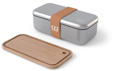 monbento - Set Comidas Canyon - Fiambrera Acero Inoxidable MB Sense + Tabla de Cortar MB Cut Original Compatible con el Bento Inox - Ideal para Trabajo/Picnic - Metal & Madera