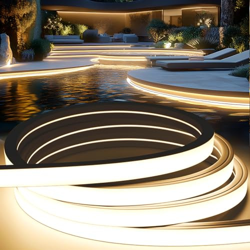 KSIBNW LED Strip Light Outdoor Waterproof Garden, 16.4ft/5m Silicone LED Strip IP65 Flexible Outside Strip Light Cuttable 220V240V Neon Rope Strip for Kitchen BedroomIndoor Decor,Natural White 4000K