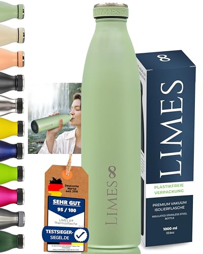 Limes 8 Thermosflasche Edelstahl 1L [HEIß & KALT] - 5-fach vakuumisolierte Trinkflasche - auslaufsichere & kohlensäuregeeignete Isolierflasche für Alltag, Sport & Outdoor (12h warm, 24h kalt) - Sage