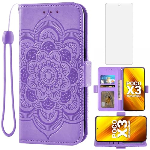 Asuwish Funda para Xiaomi Poco X3/X 3 Pro/PocoX3 NFC con Cristal Templado Protector Pantalla Vidrio Pelicula Protectora Libro Cuero Piel Tarjetero Soporte Mi 3X 5G Tapa Carcasa Móvil Capa Case Lila