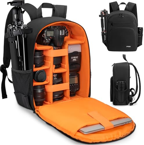 IPEB Camera Backpack for Photographers, DSLR Camera Bag with 13.5 Inch Laptop Compartment & Tripod Holder, Professional Photography Camera Case Compatible for Sony Canon Nikon Black Orange