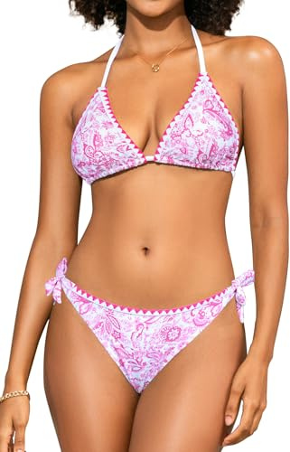 SHEKINI Damen Triangel Schnürschuh Bikini Set Badeanzug Rückenfrei Strandkleidung Boho Bedruckter Zweiteiliger Bademode