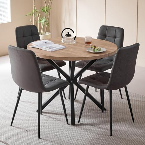 DEYARNA HOME Essgruppe 5-Teilig, 100cm Runder Esstisch und 4 Kunstleder Esszimmerstühle, Tisch und 4 Stühle für Küche, Wohnzimmer, Balkon, Restaurant, Büro (Helle Holzfarbe+Dunkelgrau)