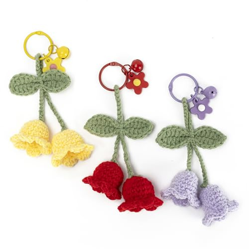 SCECALA 3 portachiavi creativi all'uncinetto a forma di orchidea, ciondoli a forma di fiore all'uncinetto, per auto, borsa, telefono, decorazione per ragazze, mini portachiavi in macramè (viola,