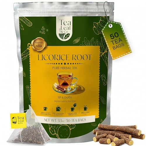 Tealeaf & Co. Licorice Root Tea Blended with Spices - Pure Herbal Tea Bags with Cardamom, Ginger, Cinnamon Sticks & Licorice Root Extract - Low Caffeine - Gluten Free - 50 Teabags