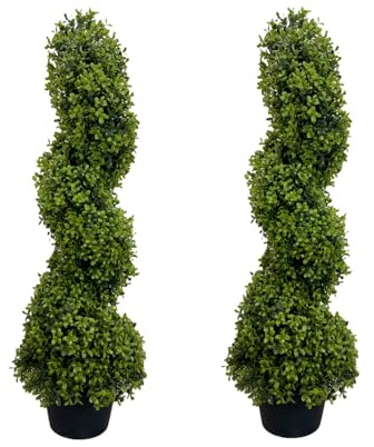 Artificial Boxwood Topiary Tree Spiral Plants 3FT, Set of 2 Outdoor Faux Plants UV Resistant Fake Bushes Shrubs for Garden, Yard, Porch, Patio Decor