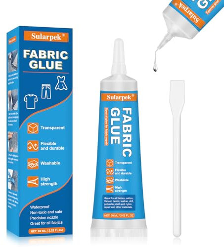 Sularpek 60 Ml Colla Tessuto, Colla per Tessuti Resistente ai Lavaggi per Cotone, Flanella, Denim, Poliestere e Riparazione di Bambole, 24 Hours Dry and Waterproof