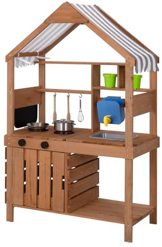 OOOK Cuisine Exterieur en Bois Enfant, Deluxe Cuisine Exterieur Enfant avec Tente, Mud Kitchen pour Filles et Garçons de 3 à 8 Ans, avec Réservoir d’Eau Amovible