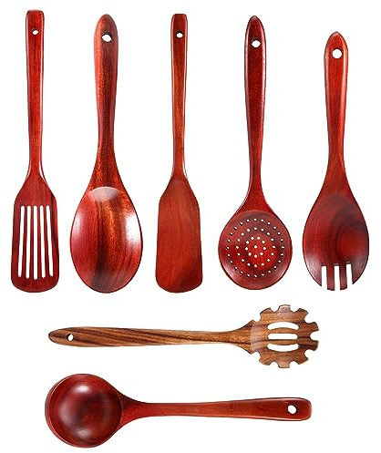 Gokelomg Juego de 7 utensilios de cocina de madera de teca, cucharas y espátulas, resistentes al, para cocinar y servir
