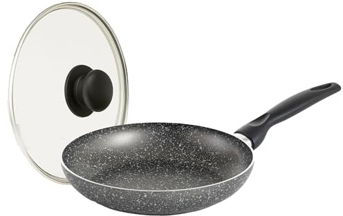 Padella Antiaderente in Alluminio, Made in Italy, Facile da Pulire, 5 Strati con Rivestimento Effetto Pietra Qualità Superiore e Antiaderenza Perfetta, Leggera ed Ergonomica (Ø 28cm + Coperchio)